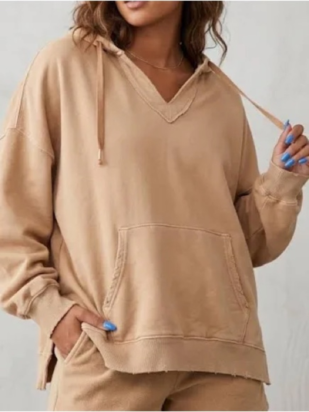 Aerie Barefoot Oversized V-Neck Hoodie Sweatshirt Tan Camel